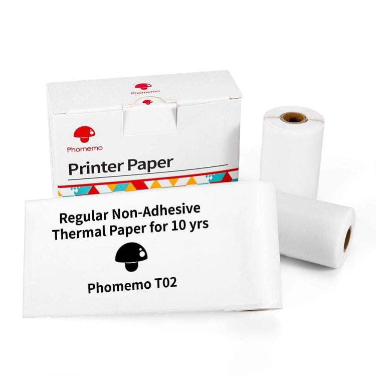 กระดาษฉลากความร้อนบลูทูธ Phomemo T02 3 ม้วน ขนาด 53mmx6.5m สีดำบนขาวไม่มีกาว อายุ 10 ปี, ขนาด 50mmx3.5m สติกเกอร์สีดำบนขาว อายุ 2 ปี, ขนาด 50mmx3.5m สติกเกอร์สีดำบนขาว อายุ 10 ปี, ขนาด 53mmx5m สีฟ้าบนขาวไม่มีกาว อายุ 5 ปี