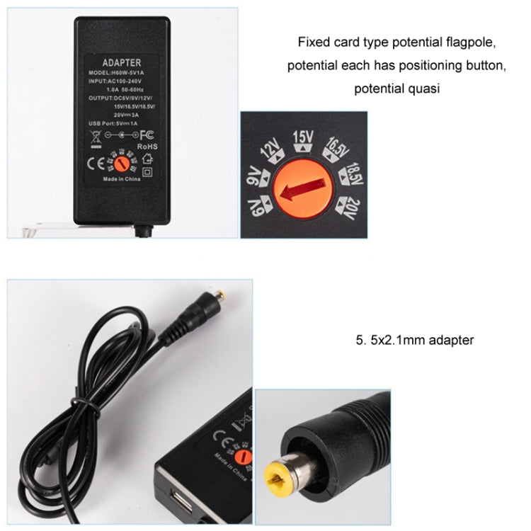 อะแดปเตอร์ชาร์จไฟ DC ปรับแรงดันได้ 65W 6-20V 3A, ปลั๊ก US, ปลั๊ก EU, ปลั๊ก UK ขนาดเล็ก, ปลั๊ก AU, ปลั๊ก UK ขนาดใหญ่