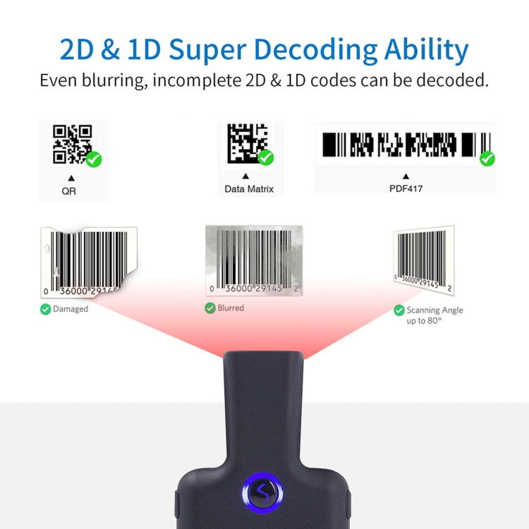 เครื่องสแกนบาร์โค้ด Bluetooth HC101D แบบ 2D พร้อมคลิปหนีบหลังสำหรับโทรศัพท์, สแกนกลาง 2D, สแกนข้าง 2D