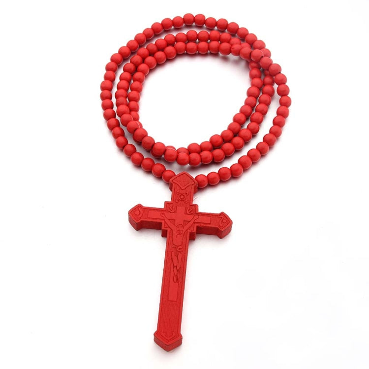 Cross Laser Engraved Wooden Bead Necklace, Red