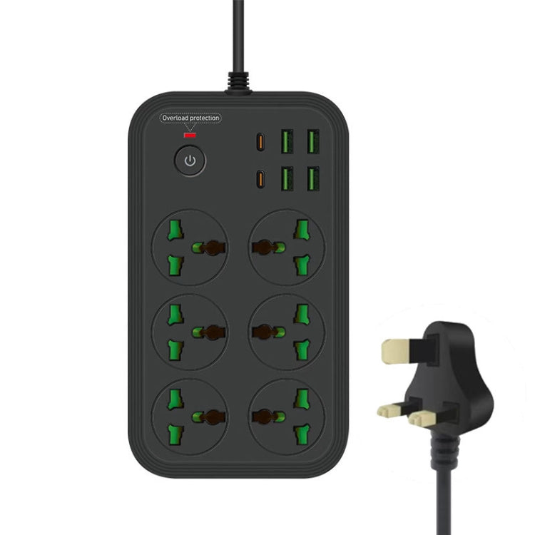 ปลั๊กไฟ T24 2 เมตร 3000W 6 ช่อง + PD + 4 พอร์ต USB ปลั๊กกันไฟลาม พร้อมสวิตช์, ปลั๊ก UK, ปลั๊ก US