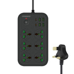 ปลั๊กไฟ T24 2 เมตร 3000W 6 ช่อง + PD + 4 พอร์ต USB ปลั๊กกันไฟลาม พร้อมสวิตช์, ปลั๊ก UK, ปลั๊ก US