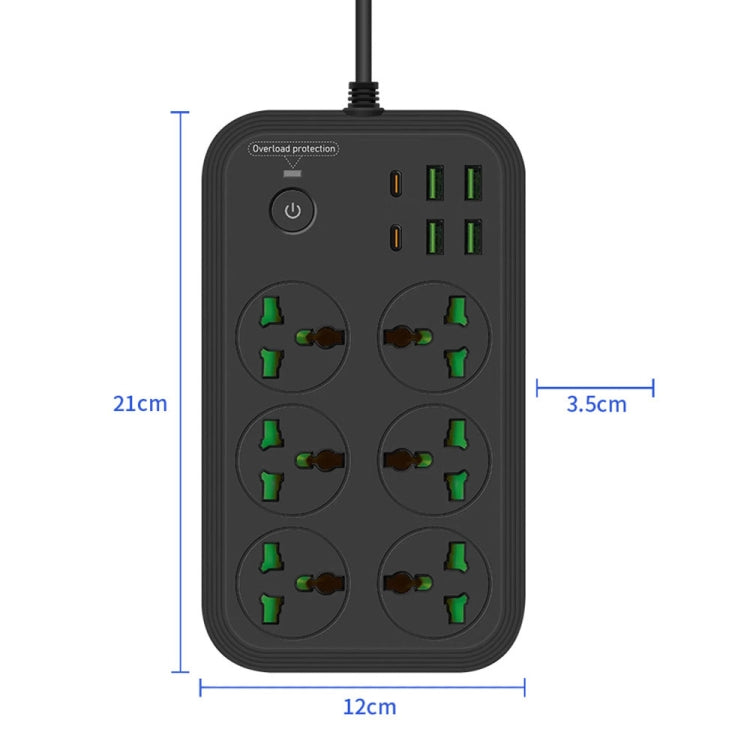 ปลั๊กไฟ T24 2 เมตร 3000W 6 ช่อง + PD + 4 พอร์ต USB ปลั๊กกันไฟลาม พร้อมสวิตช์, ปลั๊ก UK, ปลั๊ก US