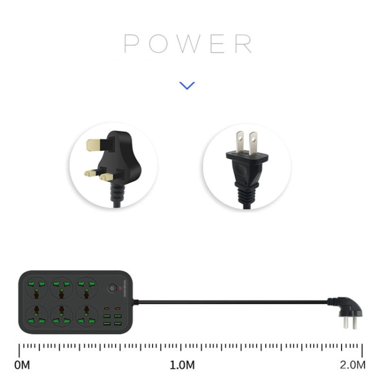 ปลั๊กไฟ T24 2 เมตร 3000W 6 ช่อง + PD + 4 พอร์ต USB ปลั๊กกันไฟลาม พร้อมสวิตช์, ปลั๊ก UK, ปลั๊ก US
