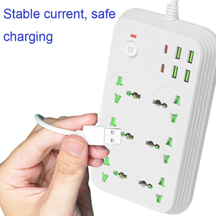 ปลั๊กไฟ T24 2 เมตร 3000W 6 ช่อง + PD + 4 พอร์ต USB ปลั๊กกันไฟลาม พร้อมสวิตช์, ปลั๊ก UK, ปลั๊ก US