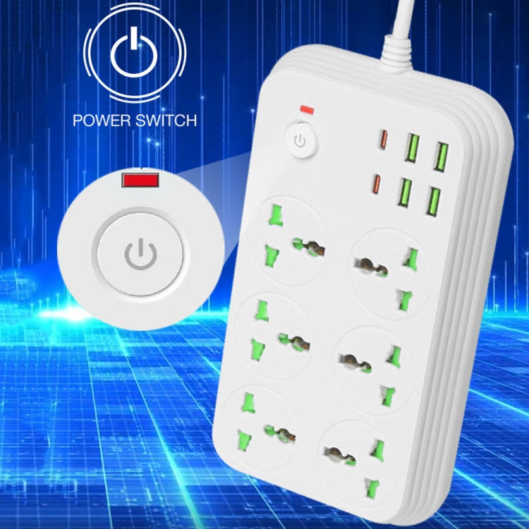 ปลั๊กไฟ T24 2 เมตร 3000W 6 ช่อง + PD + 4 พอร์ต USB ปลั๊กกันไฟลาม พร้อมสวิตช์, ปลั๊ก UK, ปลั๊ก US