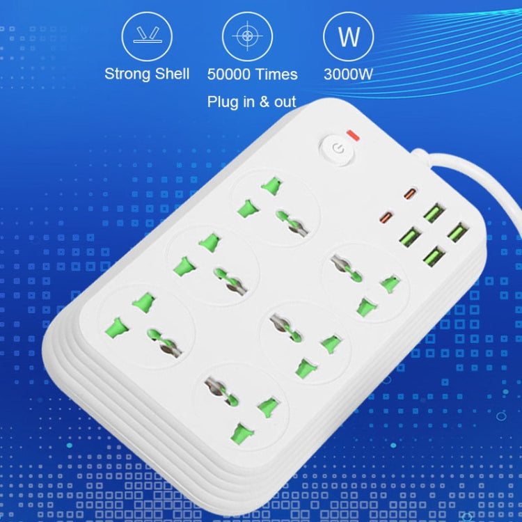 ปลั๊กไฟ T24 2 เมตร 3000W 6 ช่อง + PD + 4 พอร์ต USB ปลั๊กกันไฟลาม พร้อมสวิตช์, ปลั๊ก UK, ปลั๊ก US