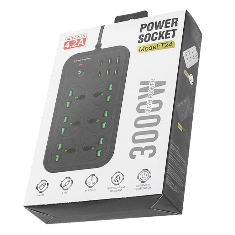ปลั๊กไฟ T24 2 เมตร 3000W 6 ช่อง + PD + 4 พอร์ต USB ปลั๊กกันไฟลาม พร้อมสวิตช์, ปลั๊ก UK, ปลั๊ก US