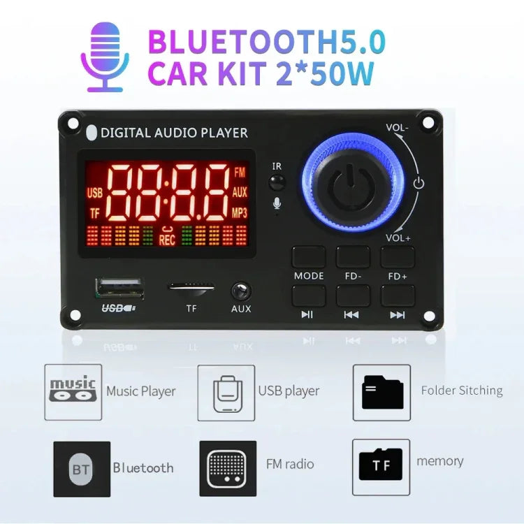 แอมพลิฟายเออร์กำลังไฟ 100W 12V TPA3116 พร้อมหน้าจอสี บลูทูธและบอร์ดถอดรหัส พร้อมบันทึกเสียงโทรศัพท์ รีโมทซิลิโคน รีโมทขนาดเล็ก