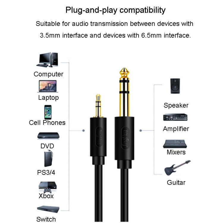 สายสัญญาณเสียง JINGHUA 3.5mm ถึง 6.5mm สำหรับแอมป์กีตาร์ 6.35mm, ความยาว 0.5m, 1.5m, 3m, 5m