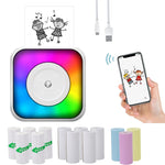 เครื่องพิมพ์บลูทูธพกพาแบบมินิ พร้อมไฟ RGB, เครื่องพิมพ์ฉลากเอกสารไร้หมึก, พร้อมกระดาษม้วน 1 ม้วน, พร้อมกระดาษม้วน 5 ม้วน, พร้อมสติกเกอร์ 5 ม้วน, พร้อมกระดาษ 5 แผ่น+สติกเกอร์ 5 แผ่น+กระดาษสี 3 แผ่น