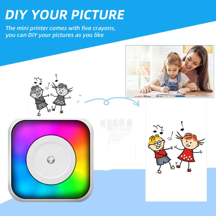 เครื่องพิมพ์บลูทูธพกพาแบบมินิ พร้อมไฟ RGB, เครื่องพิมพ์ฉลากเอกสารไร้หมึก, พร้อมกระดาษม้วน 1 ม้วน, พร้อมกระดาษม้วน 5 ม้วน, พร้อมสติกเกอร์ 5 ม้วน, พร้อมกระดาษ 5 แผ่น+สติกเกอร์ 5 แผ่น+กระดาษสี 3 แผ่น