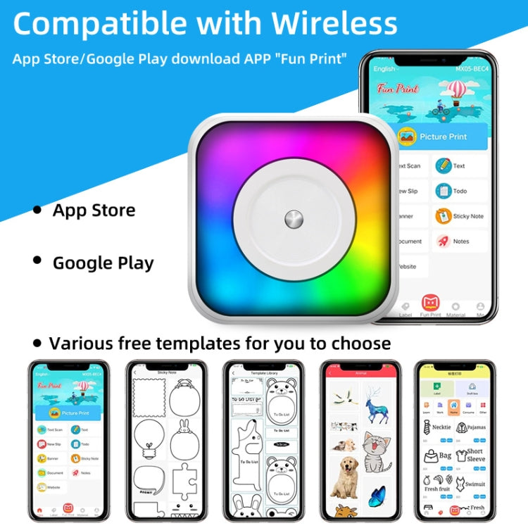 เครื่องพิมพ์บลูทูธพกพาแบบมินิ พร้อมไฟ RGB, เครื่องพิมพ์ฉลากเอกสารไร้หมึก, พร้อมกระดาษม้วน 1 ม้วน, พร้อมกระดาษม้วน 5 ม้วน, พร้อมสติกเกอร์ 5 ม้วน, พร้อมกระดาษ 5 แผ่น+สติกเกอร์ 5 แผ่น+กระดาษสี 3 แผ่น