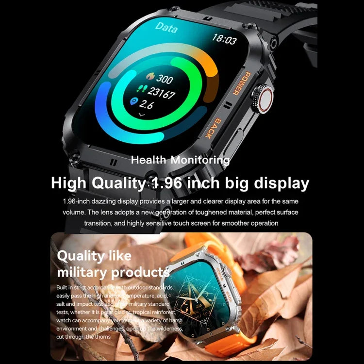 K57 Pro นาฬิกาอัจฉริยะขนาด 1.96 นิ้ว รองรับการโทร Bluetooth, เล่นเพลง, แสดงสภาพอากาศ, กันน้ำ สีดำ, สีส้ม, สายหนังสีดำ, สายหนังสีเงิน, สายเหล็กสีดำ, สายเหล็กสีเงิน, สายสามเม็ดสีดำ, สายสามเม็ดสีเงิน, สายไม้ไผ่สีดำ, สายไม้ไผ่สีเงิน
