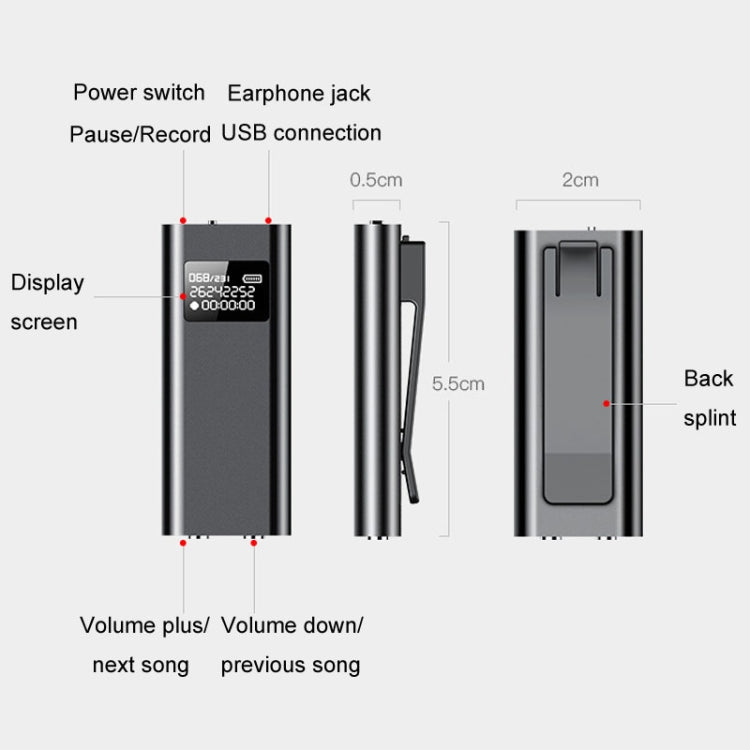 เครื่องบันทึกเสียงอัจฉริยะ Q25 พร้อมหน้าจอ HD ตัดเสียงรบกวน คลิปหนีบหลัง, 4GB, 8GB, 16GB, 32GB