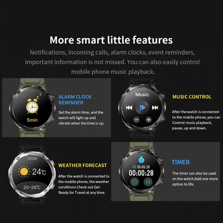 T30 นาฬิกาอัจฉริยะกีฬาและกันน้ำขนาด 1.6 นิ้ว รองรับเพลงและโทร Bluetooth สีดำ, สีเขียวเข้ม, สายเหล็กดำ+ซิลิโคน, สายตาข่ายดำ+ซิลิโคน