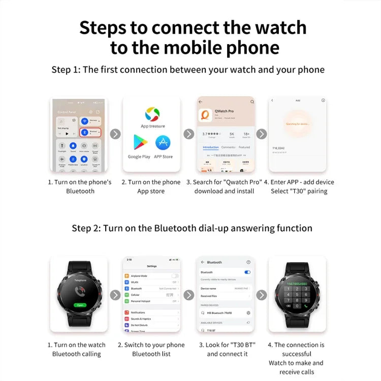 T30 นาฬิกาอัจฉริยะกีฬาและกันน้ำขนาด 1.6 นิ้ว รองรับเพลงและโทร Bluetooth สีดำ, สีเขียวเข้ม, สายเหล็กดำ+ซิลิโคน, สายตาข่ายดำ+ซิลิโคน