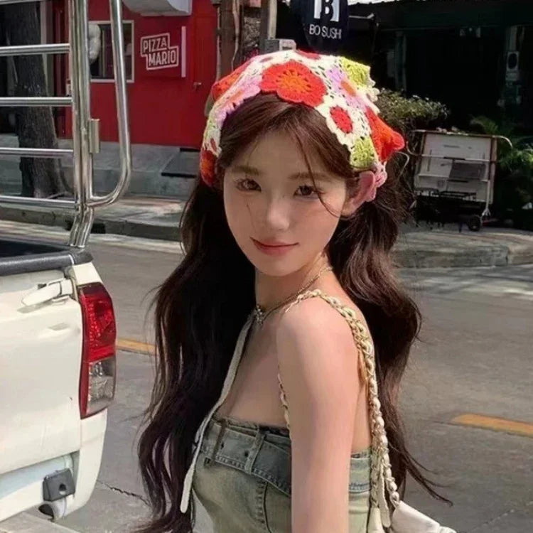 ที่คาดผ้าถักโครเชต์รูปสามเหลี่ยมทำมือ หญิงสาววินเทจอเนกประสงค์ ที่คาดผมสไตล์ชนบท ไซส์เดียว