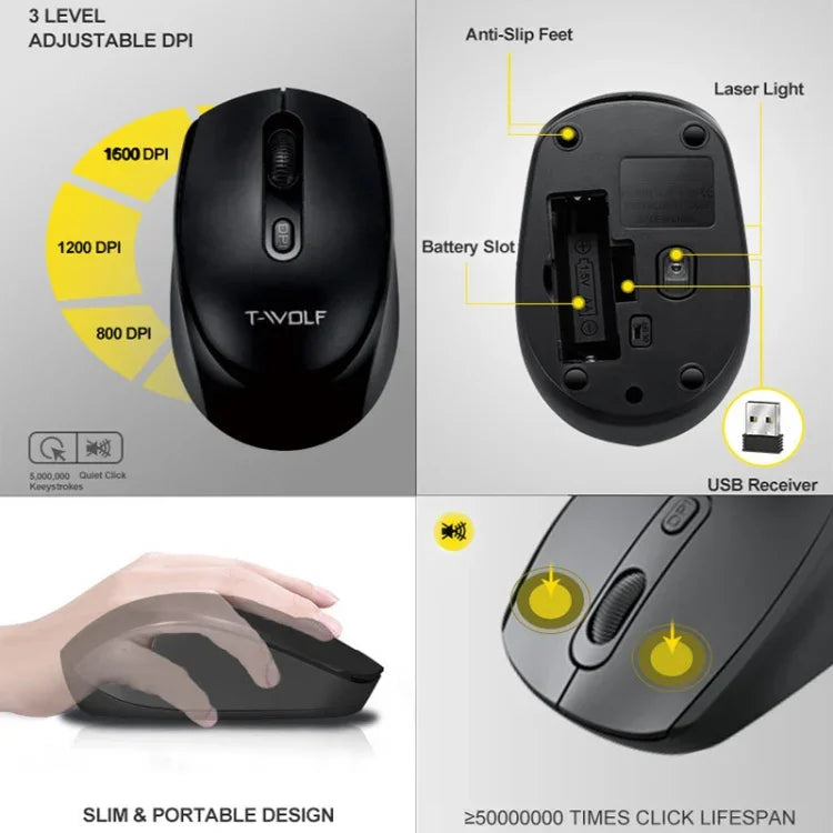 T-WOLF TF-100 2.4G Bluetooth Laptop Office Wireless Keyboard and Mouse Set, TF-100(Black)