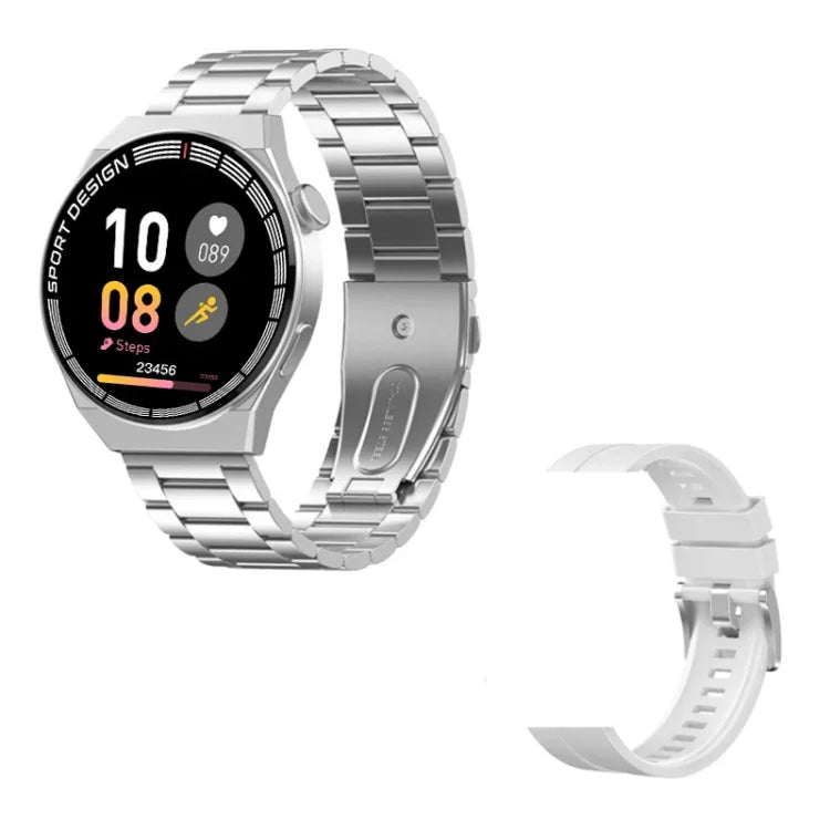 GT3Pro สมาร์ทวอทช์หน้าจอ 1.28 นิ้ว พร้อมบลูทูธและ NFC สีดำซิลิโคน, สีเงินซิลิโคน, หนังดำ, หนังน้ำตาล, เหล็กดำ, เหล็กเงิน, เหล็กสามเม็ดสีดำ, เหล็กสามเม็ดสีเงิน