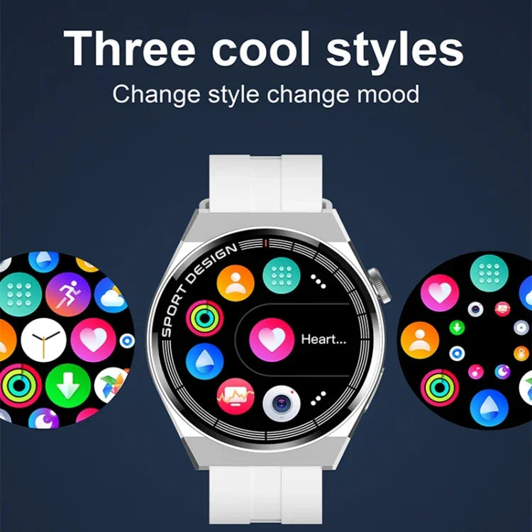 GT3Pro สมาร์ทวอทช์หน้าจอ 1.28 นิ้ว พร้อมบลูทูธและ NFC สีดำซิลิโคน, สีเงินซิลิโคน, หนังดำ, หนังน้ำตาล, เหล็กดำ, เหล็กเงิน, เหล็กสามเม็ดสีดำ, เหล็กสามเม็ดสีเงิน