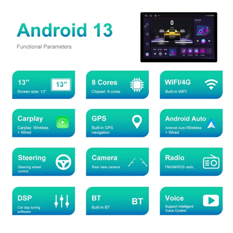เครื่องนำทางหน้าจอใหญ่ 13.1 นิ้ว 4+64G Android พร้อมแอปแผนที่สากล / Carplay / กล้องถอยหลัง, 13.1 นิ้ว