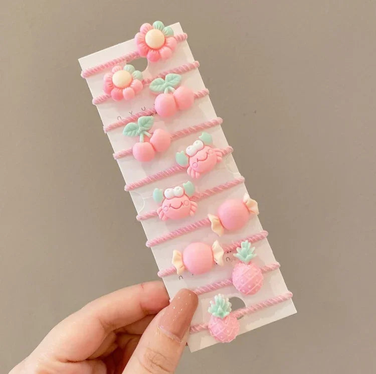 10pcs /Set Children Lovely Hair Bands Ring Baby Small Unbreakable Hair Headband, Flowers 1, Avocado, Fruits And Vegetables, Flowers 2, Colorful Eight Petal Flowers, Pink Candy, Frog Animals, Ice Cream, Watermelon Fruits, Transparent Daisies, Cream Colo...