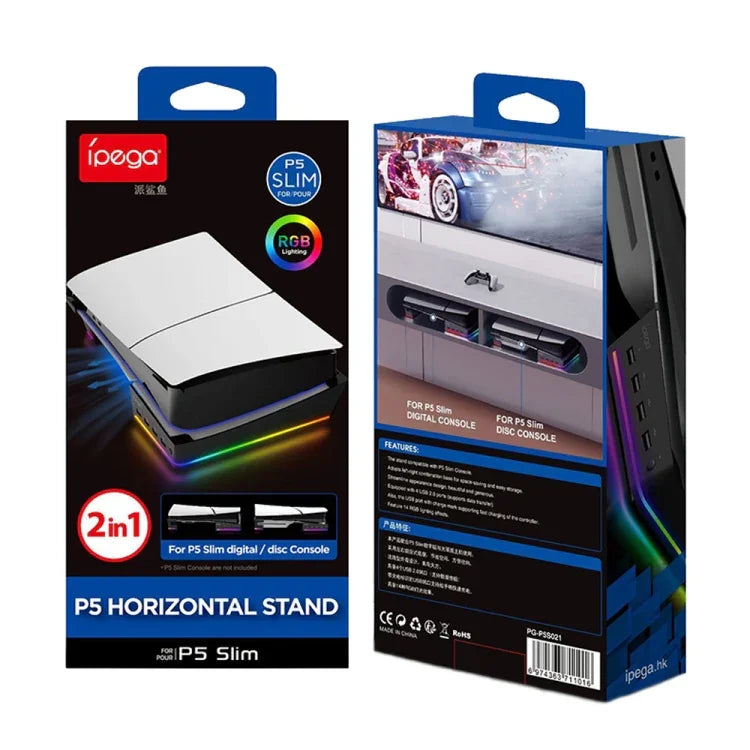 สำหรับ Sony PS5 Slim IPEGA PG-P5S021 ขาตั้งแนวนอนพร้อมไฟ RGB และ USB HUB 4 ช่อง สีขาว