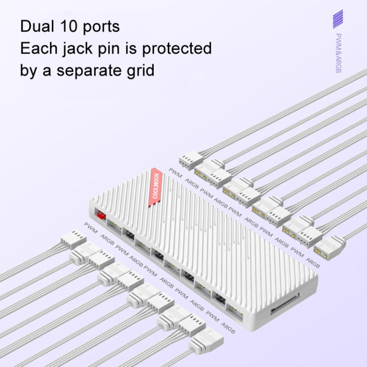 พัดลมเคส COOLMOON AM10 ARGB+PWM แบบพอร์ตคู่ 10 ช่อง พร้อมตัวควบคุมอุณหภูมิ 5V 3 พิน HUB