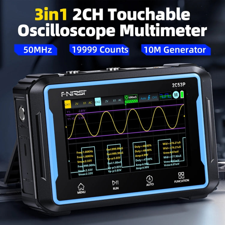 FNIRSI 2C53P ออสซิลโลสโคปดิจิทัลจอแบนสองช่องมัลติมิเตอร์ เครื่องกำเนิดสัญญาณ 3 ใน 1, 2C53P