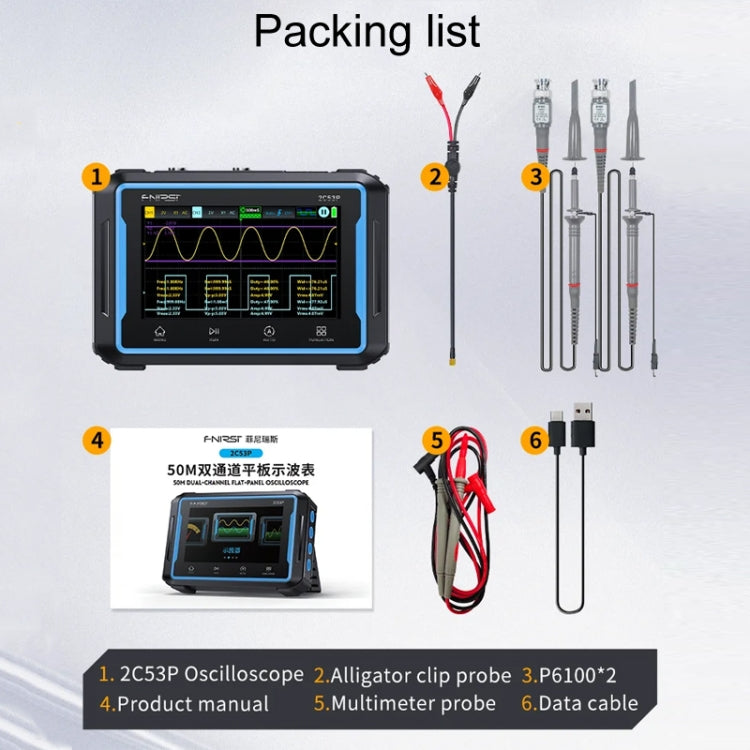 FNIRSI 2C53P ออสซิลโลสโคปดิจิทัลจอแบนสองช่องมัลติมิเตอร์ เครื่องกำเนิดสัญญาณ 3 ใน 1, 2C53P