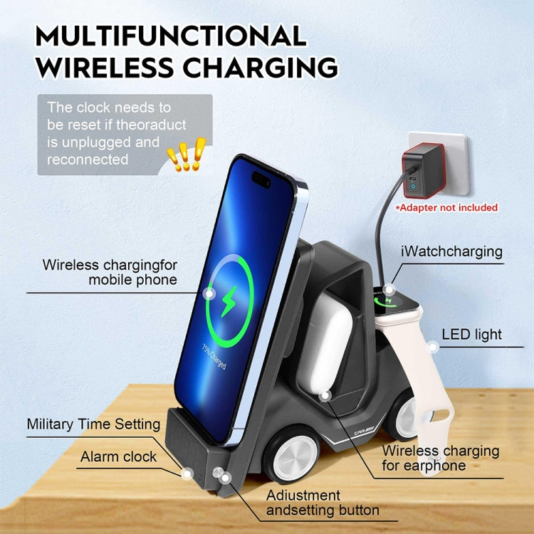T20 5-in-1 Car-shaped Desktop Alarm Clock Wireless Charger with Atmosphere Light, White, Gray, Yellow, Orange