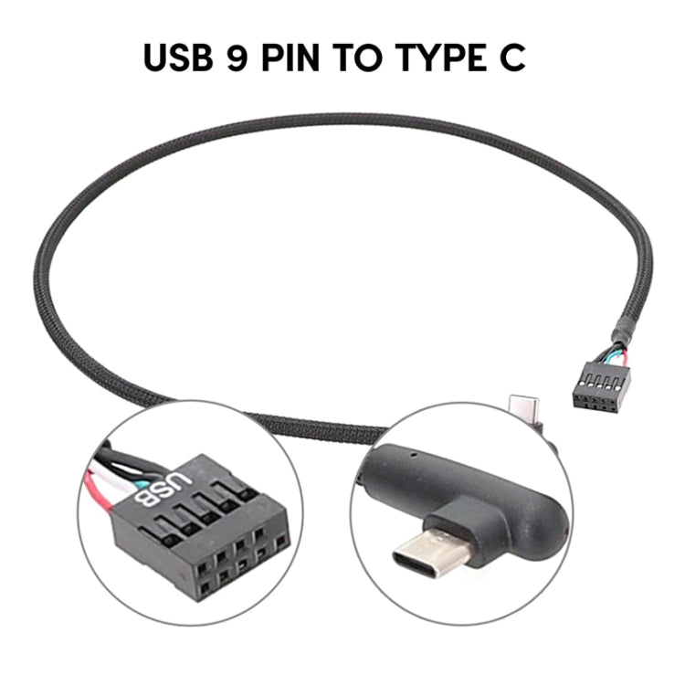 สายข้อมูล USB 9 พิน เป็น Type-C แบบข้อศอก สำหรับเมนบอร์ด สายถัก ยาว 60 ซม.