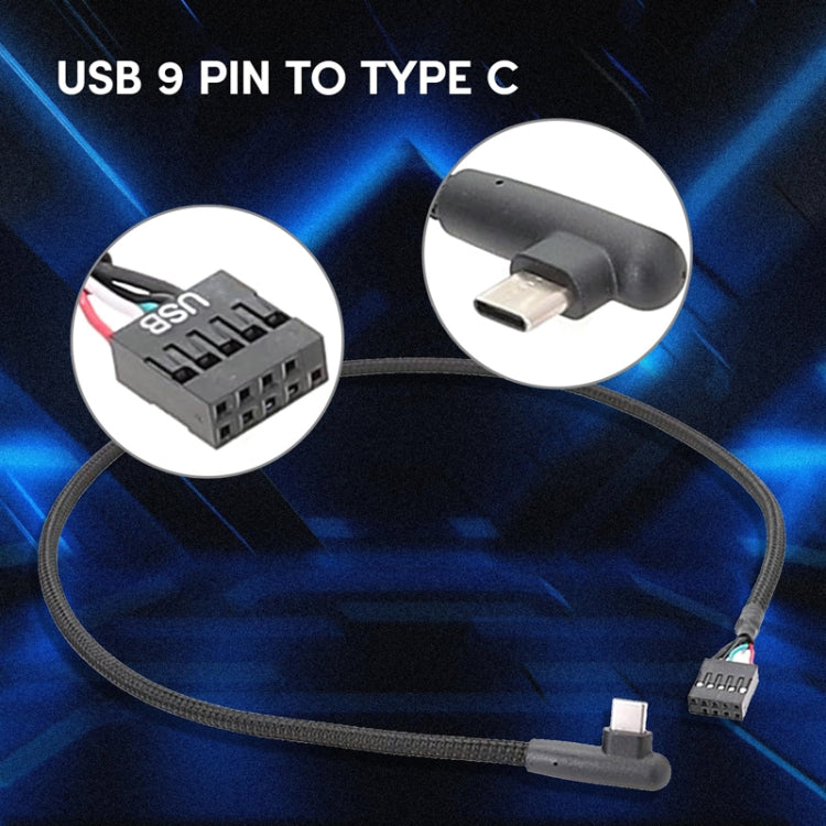 สายข้อมูล USB 9 พิน เป็น Type-C แบบข้อศอก สำหรับเมนบอร์ด สายถัก ยาว 60 ซม.