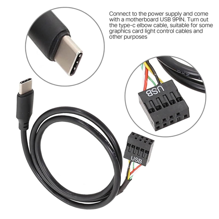 สายข้อมูล USB 9 พิน เป็น Type-C แบบตรง สำหรับเมนบอร์ด สายหุ้มเกราะคู่ ยาว 50 ซม.