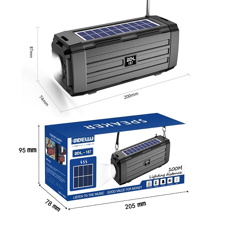 BDL-187 ลำโพงบลูทูธไร้สายพลังงานแสงอาทิตย์ LED สำหรับแคมป์ปิ้งกลางแจ้ง พร้อมวิทยุ FM แบบพกพา