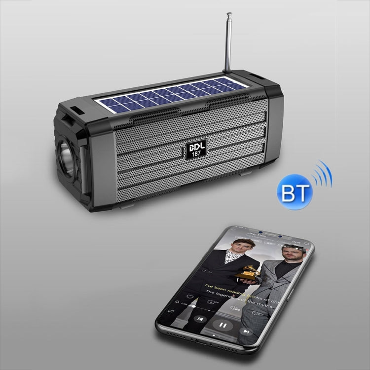BDL-187 ลำโพงบลูทูธไร้สายพลังงานแสงอาทิตย์ LED สำหรับแคมป์ปิ้งกลางแจ้ง พร้อมวิทยุ FM แบบพกพา