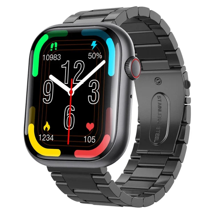 F70 smart watch with blood sugar monitoring, featuring a 2.1 inch screen and a stylish black steel band.
