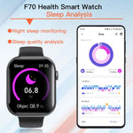 นาฬิกาอัจฉริยะ F70 จอ 2.1 นิ้ว พร้อมตรวจน้ำตาลในเลือด/ออกซิเจนในเลือด / สัญญาณเตือน SOS / โหมดกีฬามากกว่า 100 แบบ ซิลิโคนสีดำ, ดำชมพู, ดำเทา, เหล็ก 3 เม็ดสีดำ, Milan สีดำ, หนังสีดำ, หนังสีน้ำตาลดำ, ไม้ไผ่สีดำ, เหล็ก 3 เม็ดสีเงินดำ