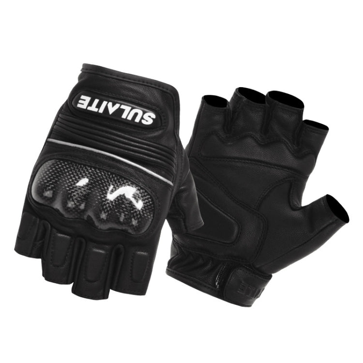 SULAITE Motorcycle Sheepskin Carbon Fiber Breathable Half-finger Riding Gloves, M, L