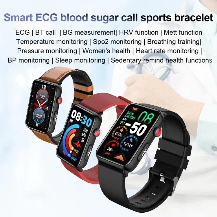 สมาร์ทวอทช์วงแหวนวัด ECG อุณหภูมิ อัตราการเต้นหัวใจ ความดันโลหิต สุขภาพ รองรับบลูทูธสำหรับโทรศัพท์ สีซิลิโคนดำ สีซิลิโคนแดง สีซิลิโคนฟ้า หนังสีดำ หนังสีน้ำตาล
