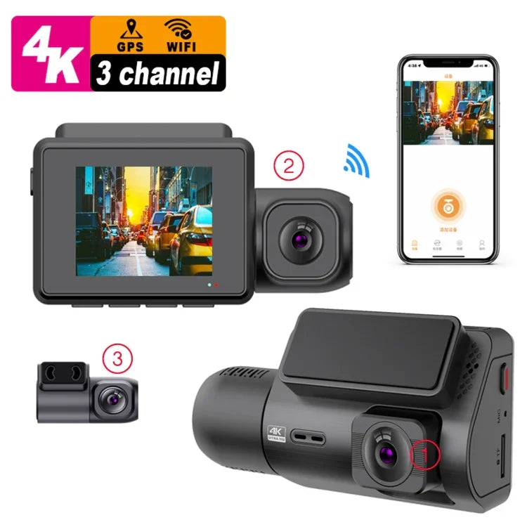 M700A เครื่องบันทึกวิดีโอรถยนต์ 3 ช่อง 4K UHD หน้า+1080P ภายใน+2K หลัง+GPS+WiFi กล้องติดรถยนต์, M700A