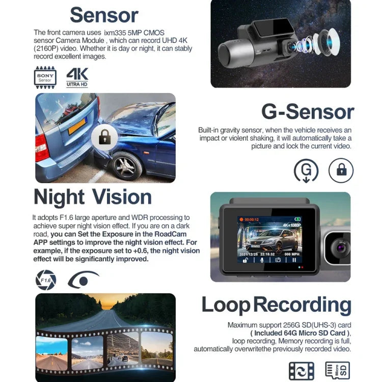 M700A เครื่องบันทึกวิดีโอรถยนต์ 3 ช่อง 4K UHD หน้า+1080P ภายใน+2K หลัง+GPS+WiFi กล้องติดรถยนต์, M700A
