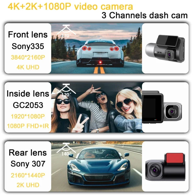 M700A เครื่องบันทึกวิดีโอรถยนต์ 3 ช่อง 4K UHD หน้า+1080P ภายใน+2K หลัง+GPS+WiFi กล้องติดรถยนต์, M700A
