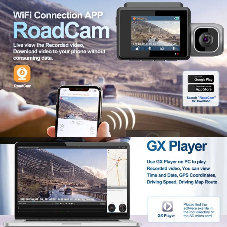 M700A เครื่องบันทึกวิดีโอรถยนต์ 3 ช่อง 4K UHD หน้า+1080P ภายใน+2K หลัง+GPS+WiFi กล้องติดรถยนต์, M700A