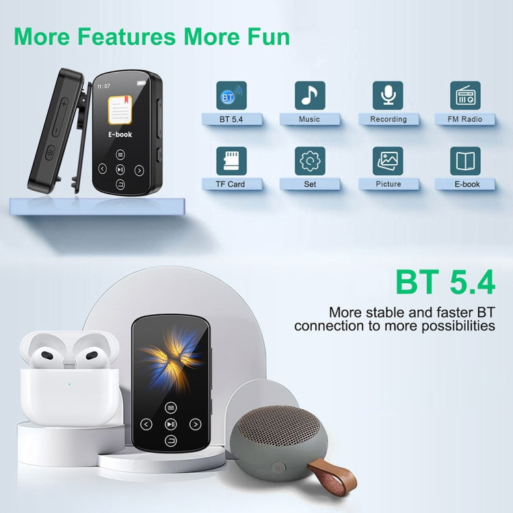 เครื่องเล่นเพลง MP3 บลูทูธ HIFI พร้อมคลิปกีฬา หน้าจอสัมผัส MP4 ไม่มีการ์ด TF, ความจุ 8GB, 16GB, 32GB, 64GB, 128GB