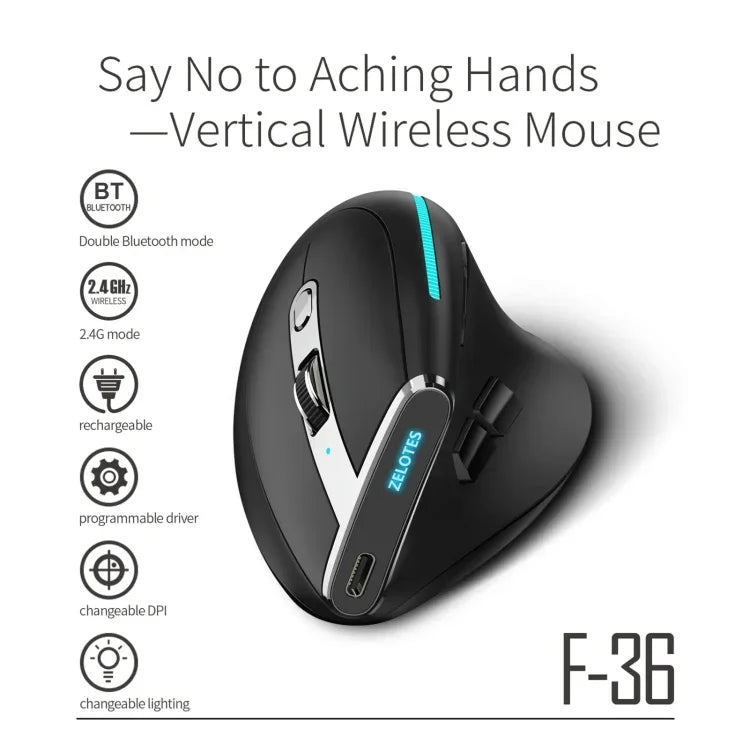 ZELOTES F36 เมาส์ไร้สายแนวตั้งแบบโปรแกรมได้ 9 ปุ่ม พร้อมการจับที่ถนัดมือ Bluetooth คู่ + 2.4G, F36 (สีขาว), F36 (สีดำ)