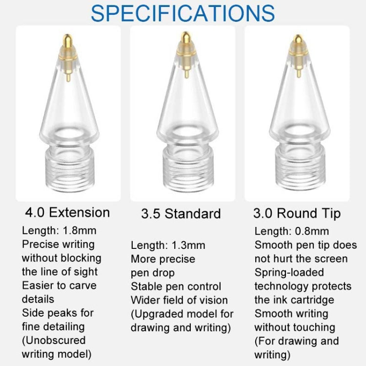 หัวปากกา Apple Pencil รุ่นเปลี่ยนหัว ปรับแต่งได้, เปลือกสีขาวยาว 4.0 ปลายเงิน, เปลือกสีขาวมาตรฐาน 3.5 ปลายเงิน, หัวกลม 3.0 เปลือกสีขาวปลายเงิน, เปลือกสีขาวยาว 4.0 ปลายทอง, เปลือกสีขาวมาตรฐาน 3.5 ปลายทอง