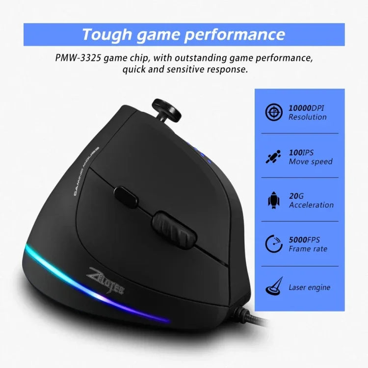 ZELOTES C18 เมาส์เกมแบบมีสายแนวตั้ง 11 ปุ่ม พร้อมไฟ RGB จอยสติ๊กโปรแกรมได้ จับถนัดมือ, C18