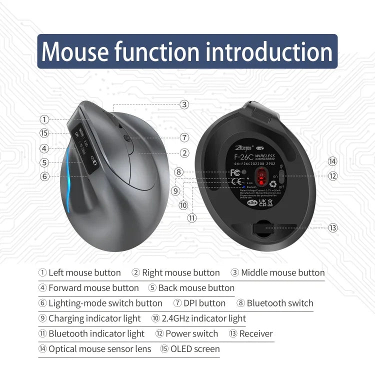 ZELOTES F-26C เมาส์ไร้สายแนวตั้ง 8 ปุ่ม โหมดคู่ 2.4G+Bluetooth พร้อมจอแสดงผล LED, F-26C